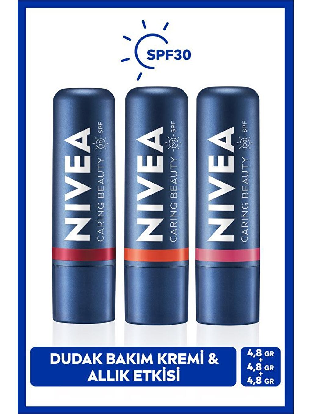 SPF30 Nemlendirici Dudak Bakım Kremi 4.8gr, Mercan, Rose, Kırmızı Renkli, Dudak Yanak, Allık Etkisi