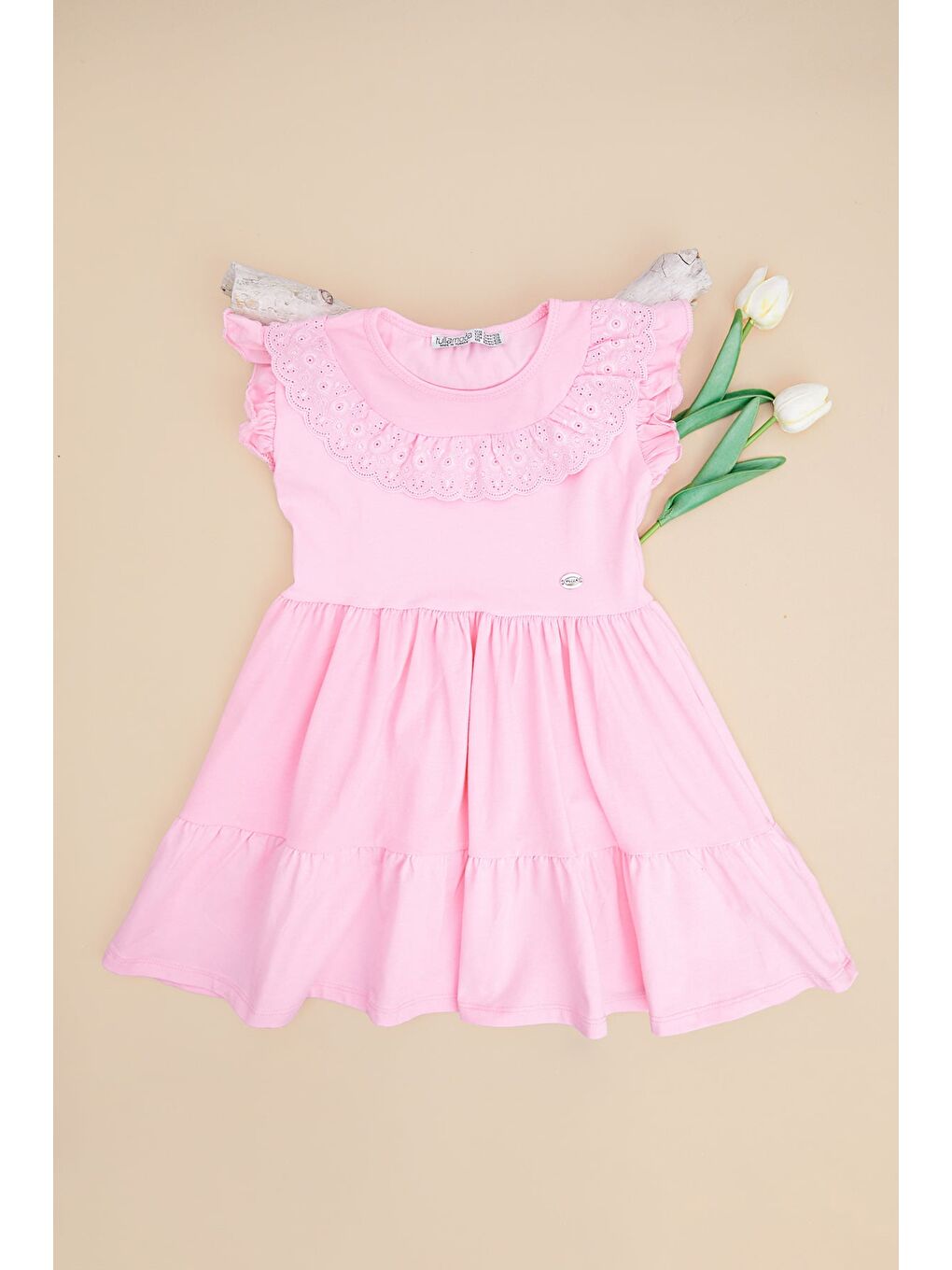 Pembe Dantelli Bisiklet Yaka Kız Çocuk Elbise
