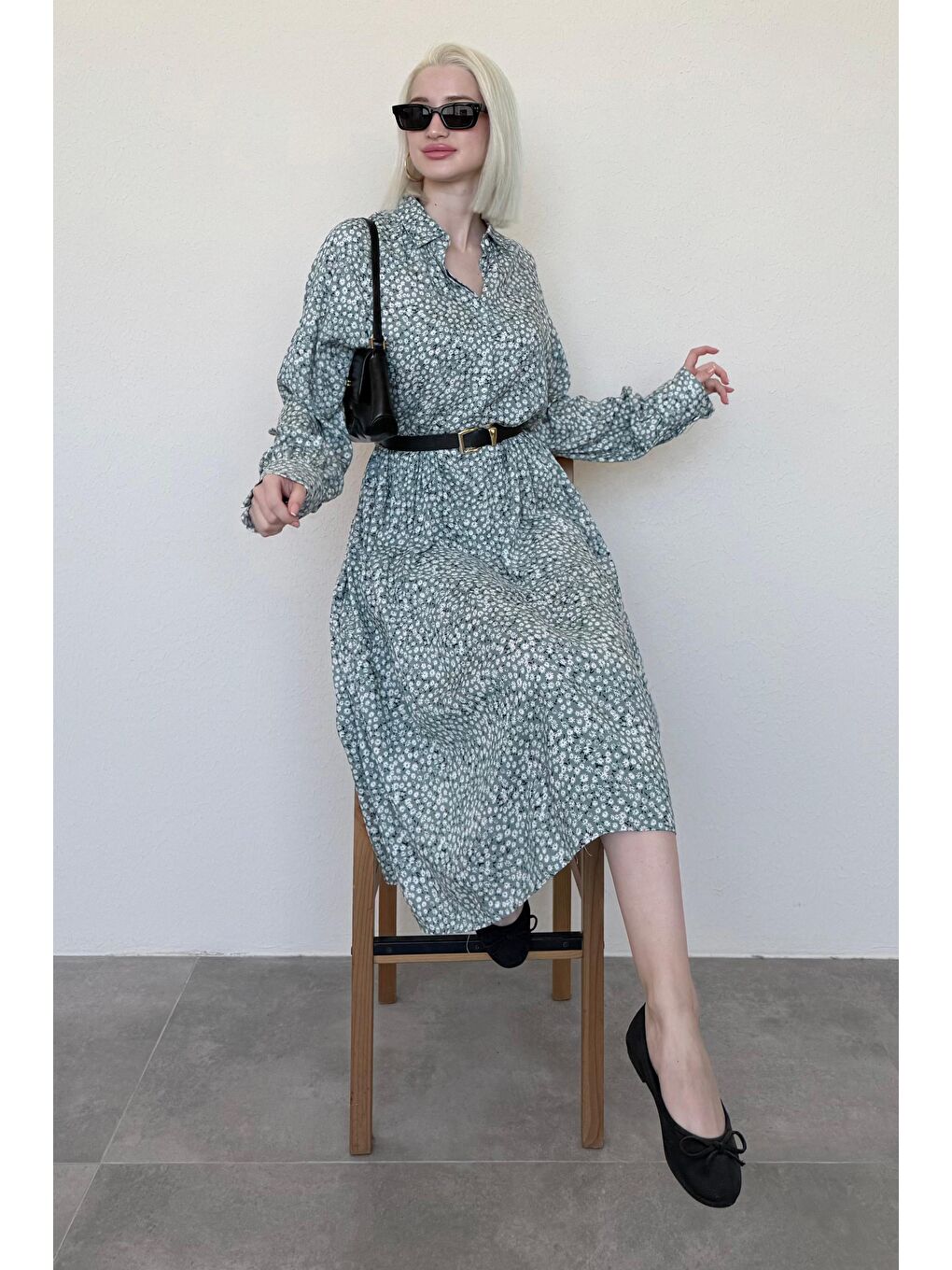 Mint Yeşili Uzun Kollu Düğmeli Desenli Elbise Mg2431-2