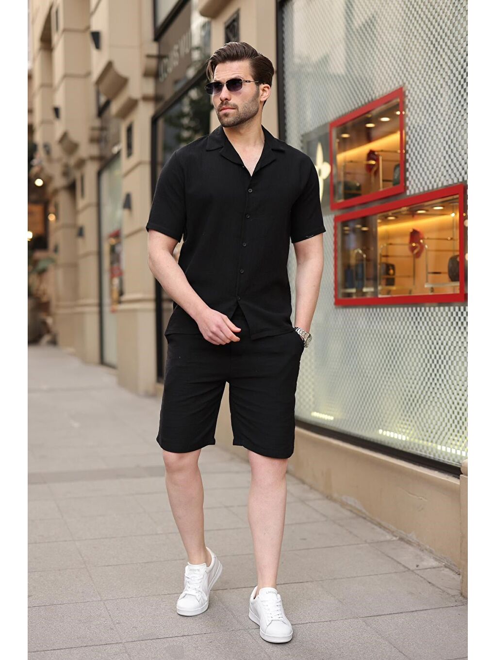Siyah %100 Pamuklu Erkek Şort Gömlek Takım E7361-1