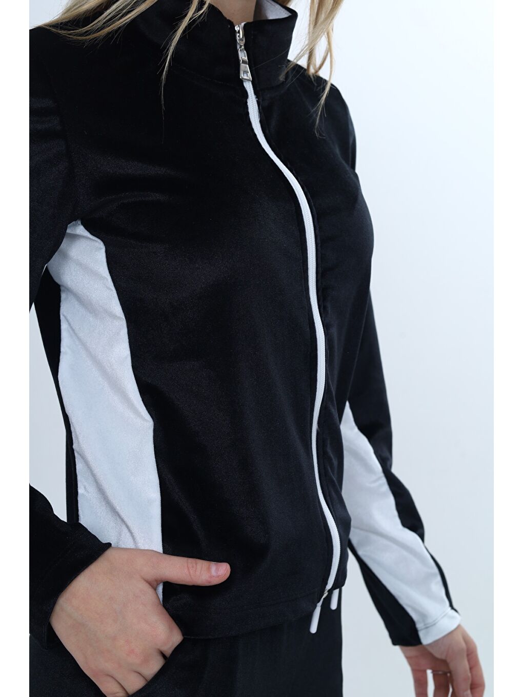 Siyah Kız Çocuk 2'li Takım Fermuarlı Cepli Sweatshirt & Beli Lastikli Bol Paça Cepli Eşofman Alt-5