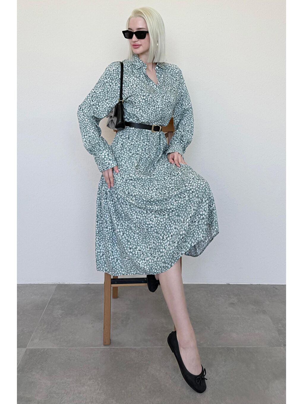 Mint Yeşili Uzun Kollu Düğmeli Desenli Elbise Mg2431-3