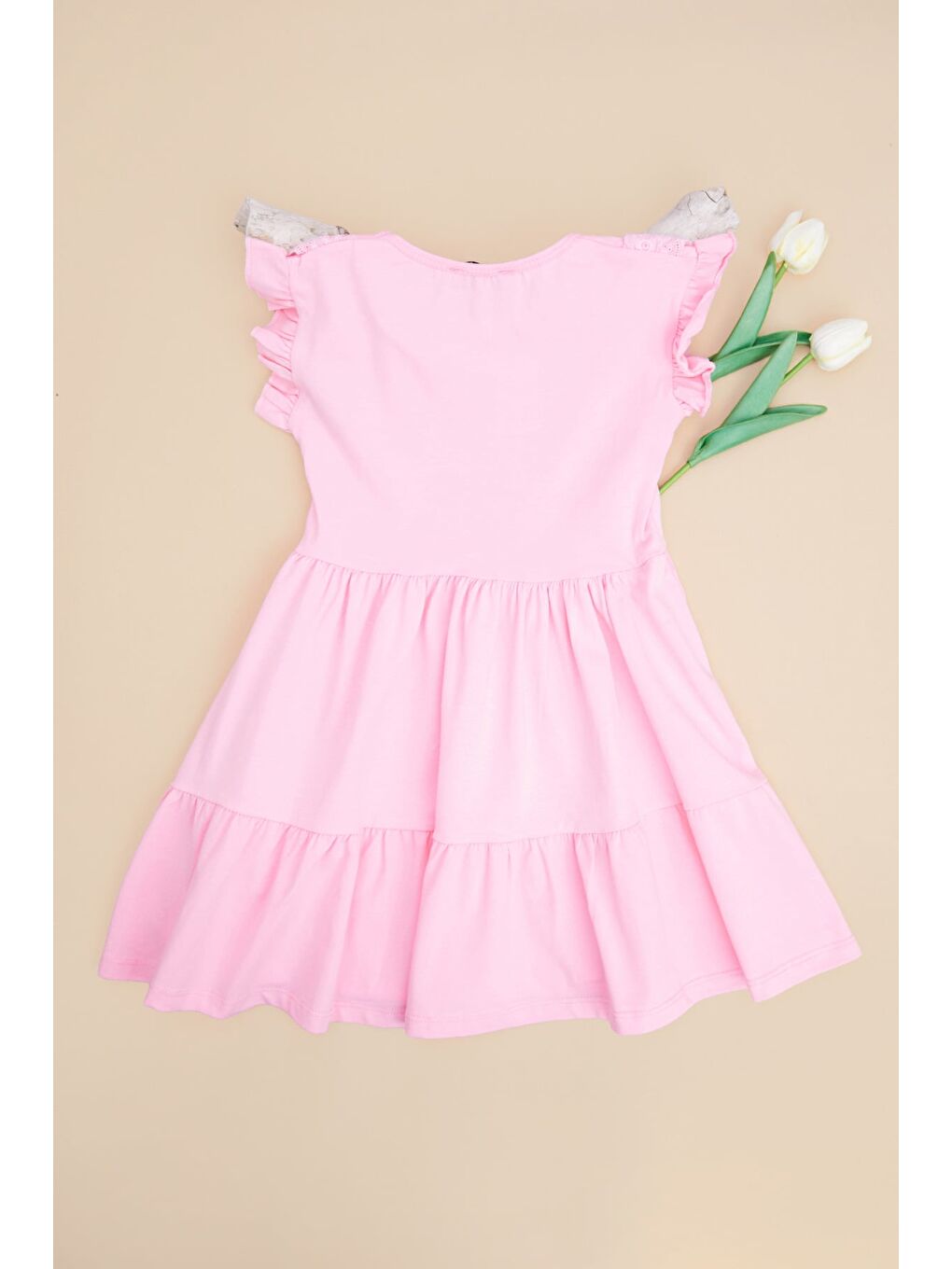 Pembe Dantelli Bisiklet Yaka Kız Çocuk Elbise-1
