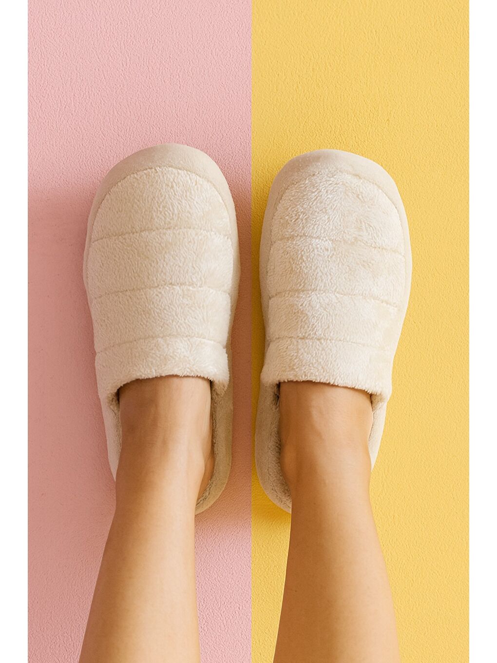 Bej SMT-03 Kapalı Kadın Ev Terliği Kışlık Terlik Ses Yapmayan Taban-1