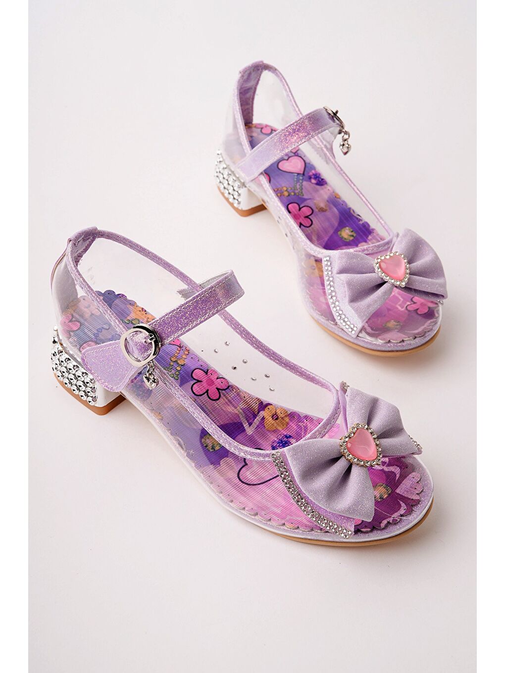 Lila PONYTA Şeffaf Simli Fiyonk Detaylı Bantlı Kız Çocuk Topuklu Abiye Ayakkabı