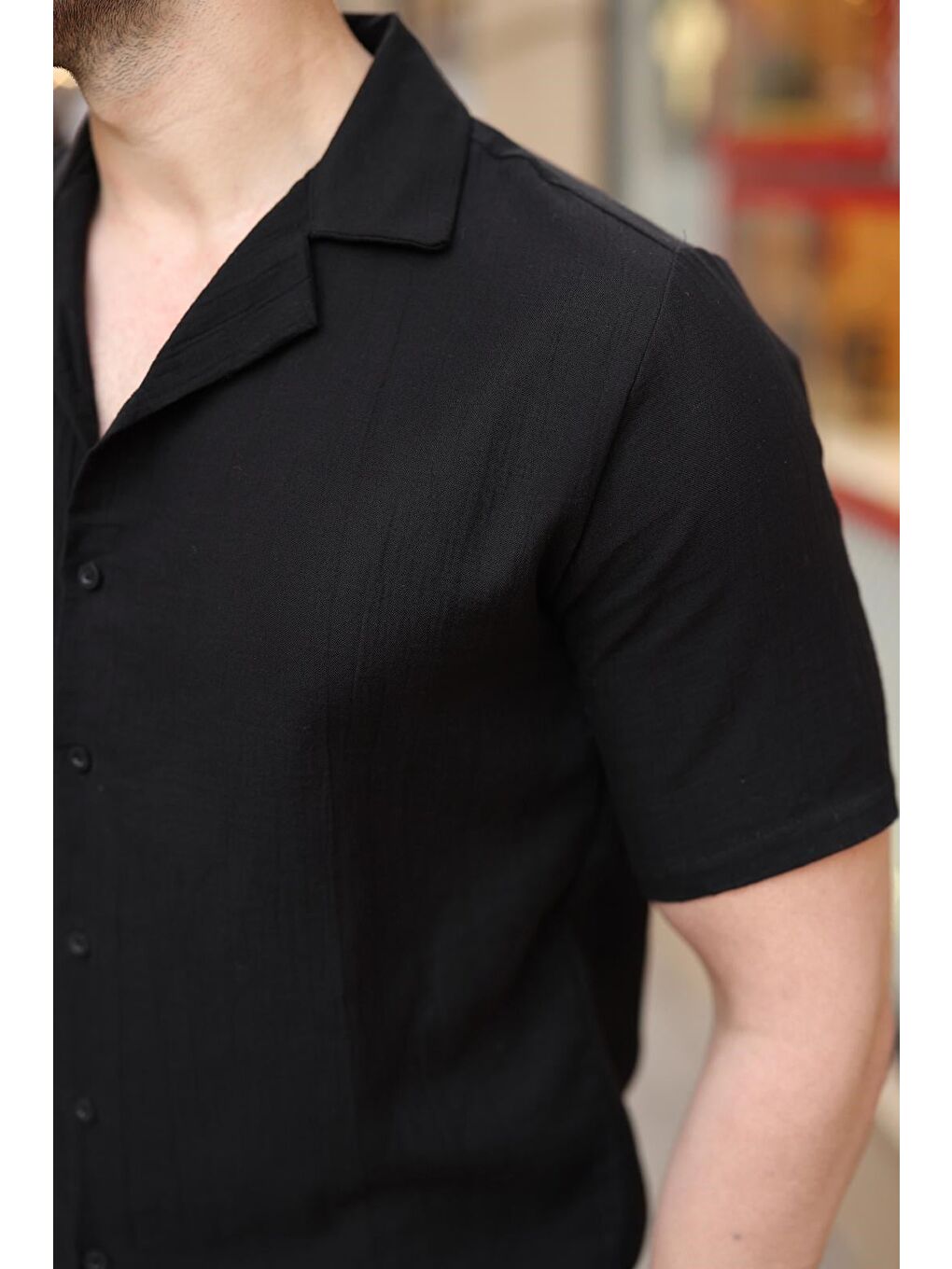 Siyah %100 Pamuklu Erkek Şort Gömlek Takım E7361-2