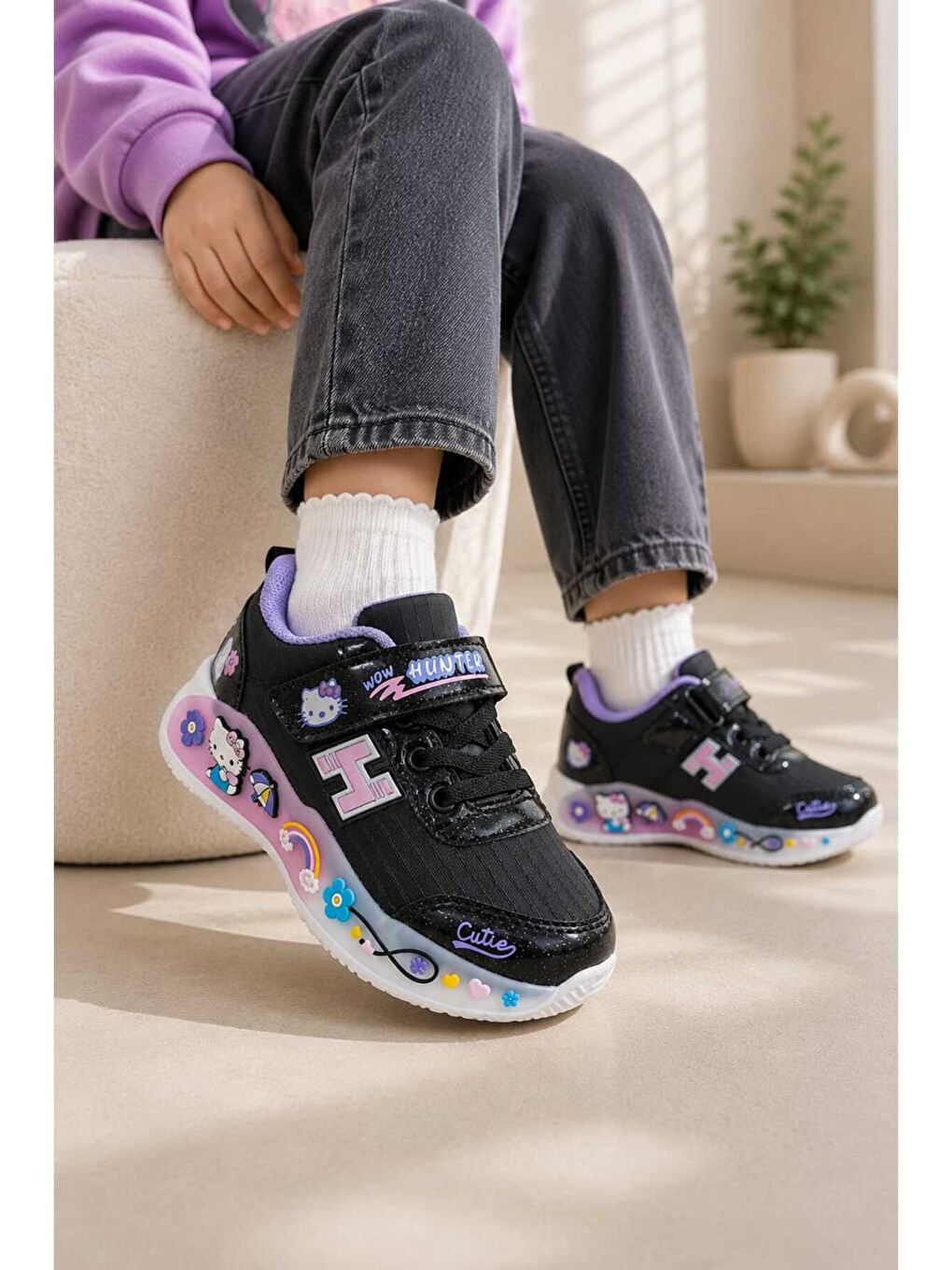 Siyah Çocuk, Günlük Spor Ayakkabı, Cırt Cırtlı, Sticker Baskılı, Hafif Kaymaz Taban Rahat Sneaker-1