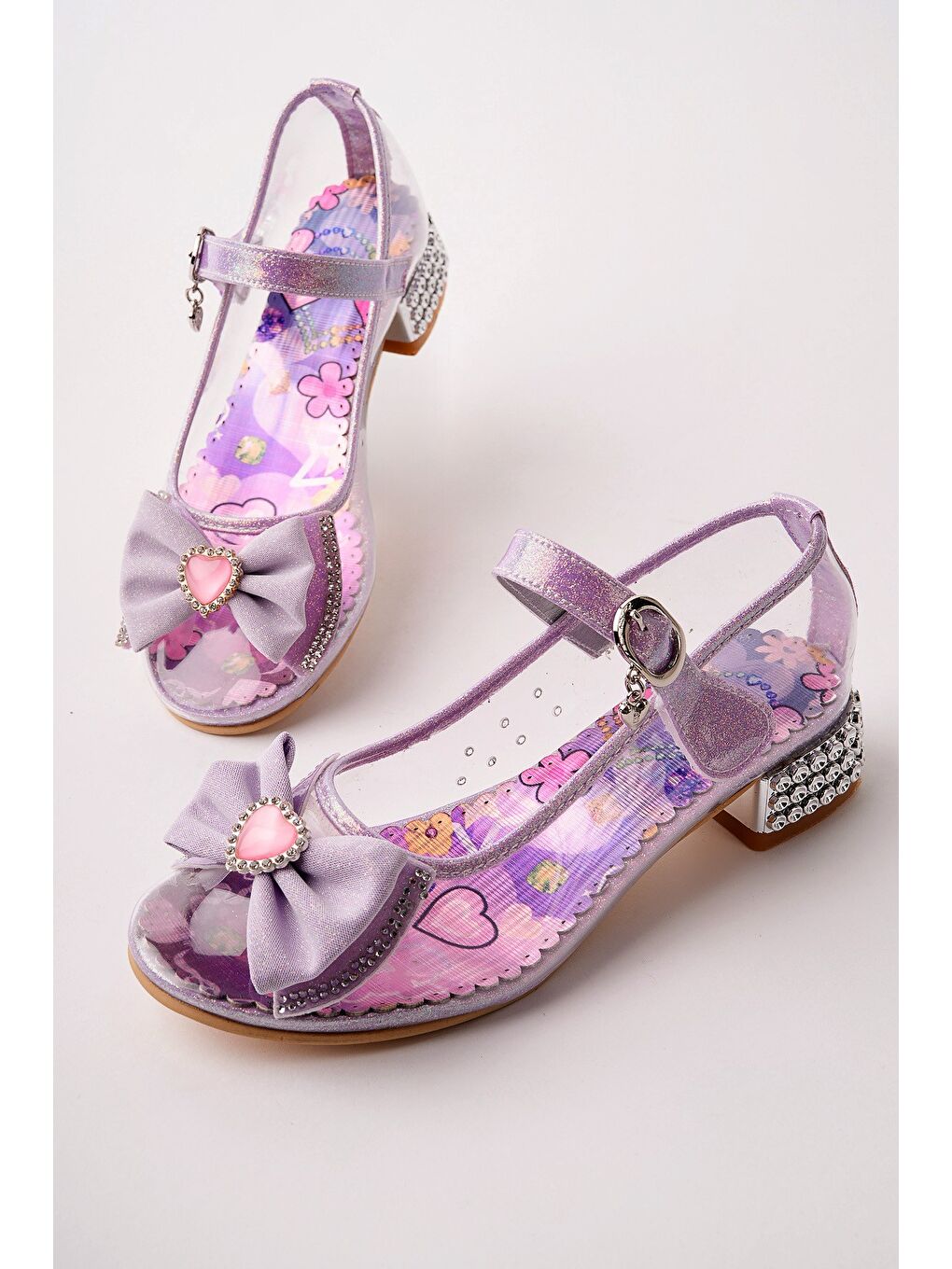 Lila PONYTA Şeffaf Simli Fiyonk Detaylı Bantlı Kız Çocuk Topuklu Abiye Ayakkabı-1