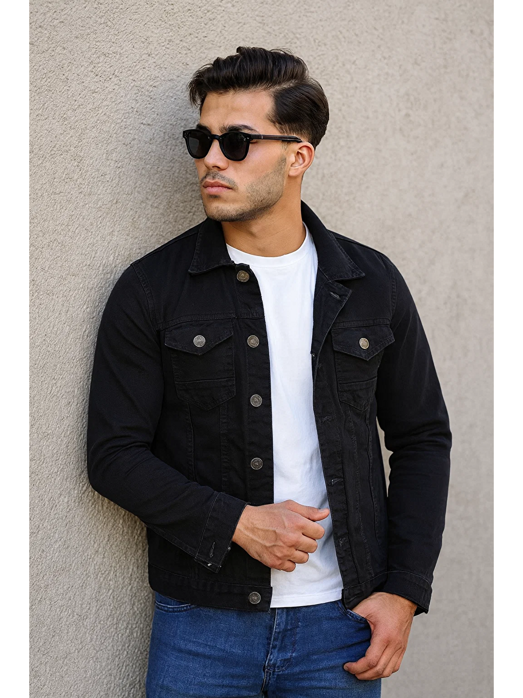 Siyah Erkek A Kalite Slim Fit Denim Jean Ceket-2