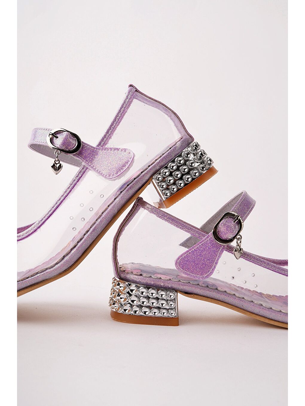 Lila PONYTA Şeffaf Simli Fiyonk Detaylı Bantlı Kız Çocuk Topuklu Abiye Ayakkabı-2