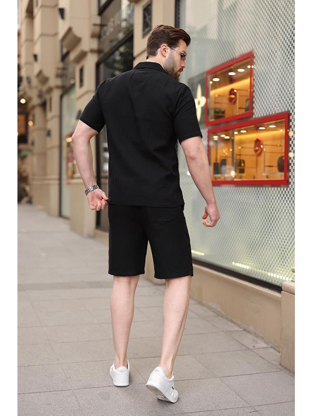 Siyah %100 Pamuklu Erkek Şort Gömlek Takım E7361-3