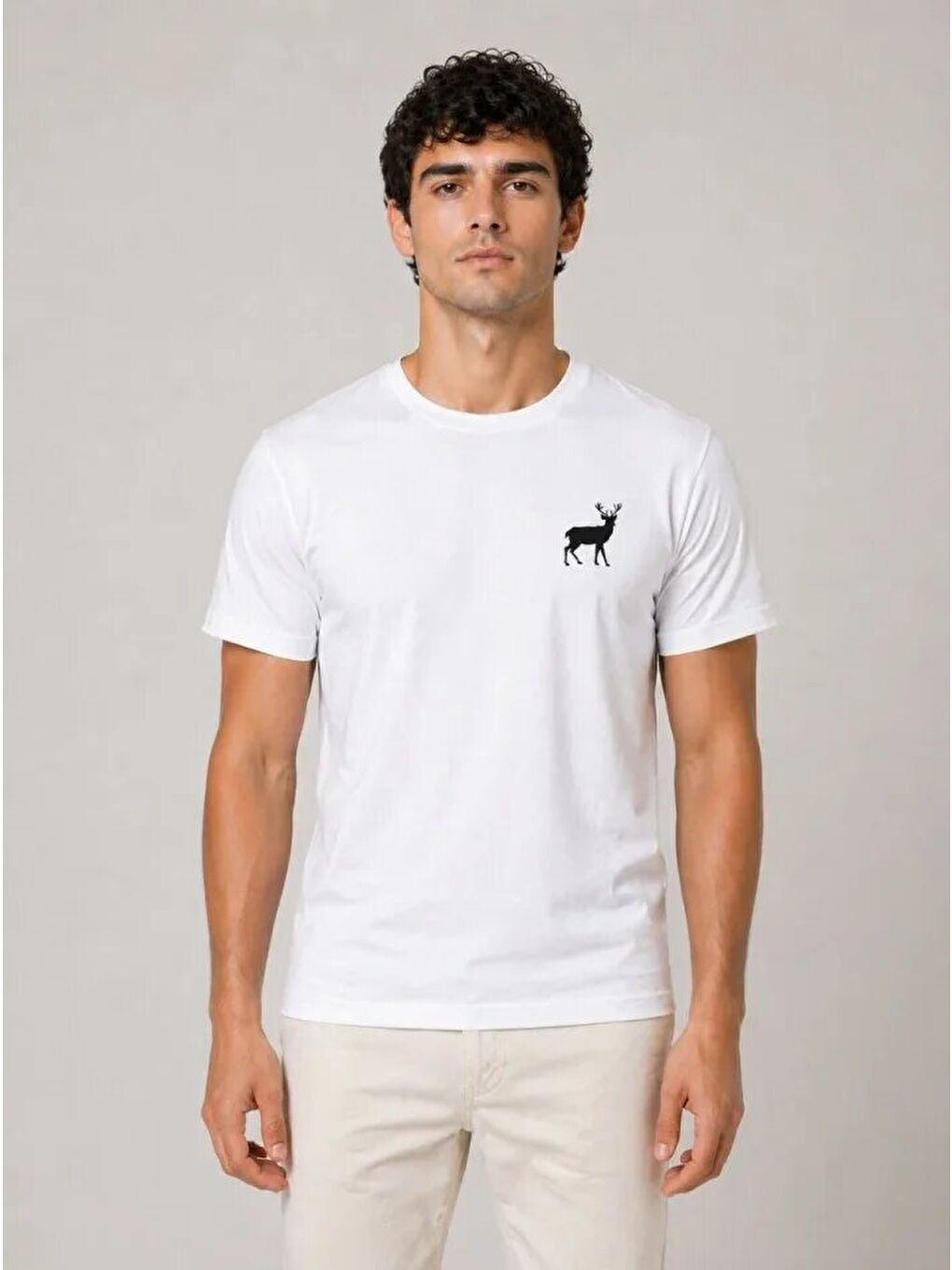 Erkek Minimal Geyik Logolu Tişört Bisiklet Yaka Kısa Kol Yazlık T-Shirt - Beyaz-1