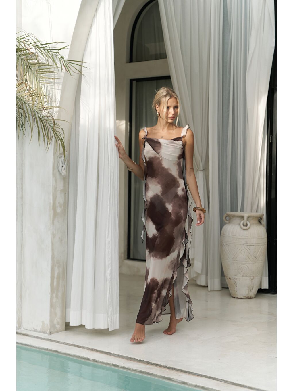 Kahverengi Magi Fırfır Detay Kahve Uzun Elbise