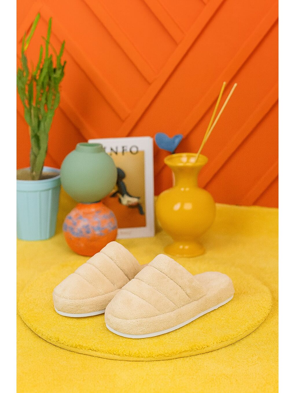 Bej SMT-03 Kapalı Kadın Ev Terliği Kışlık Terlik Ses Yapmayan Taban-5