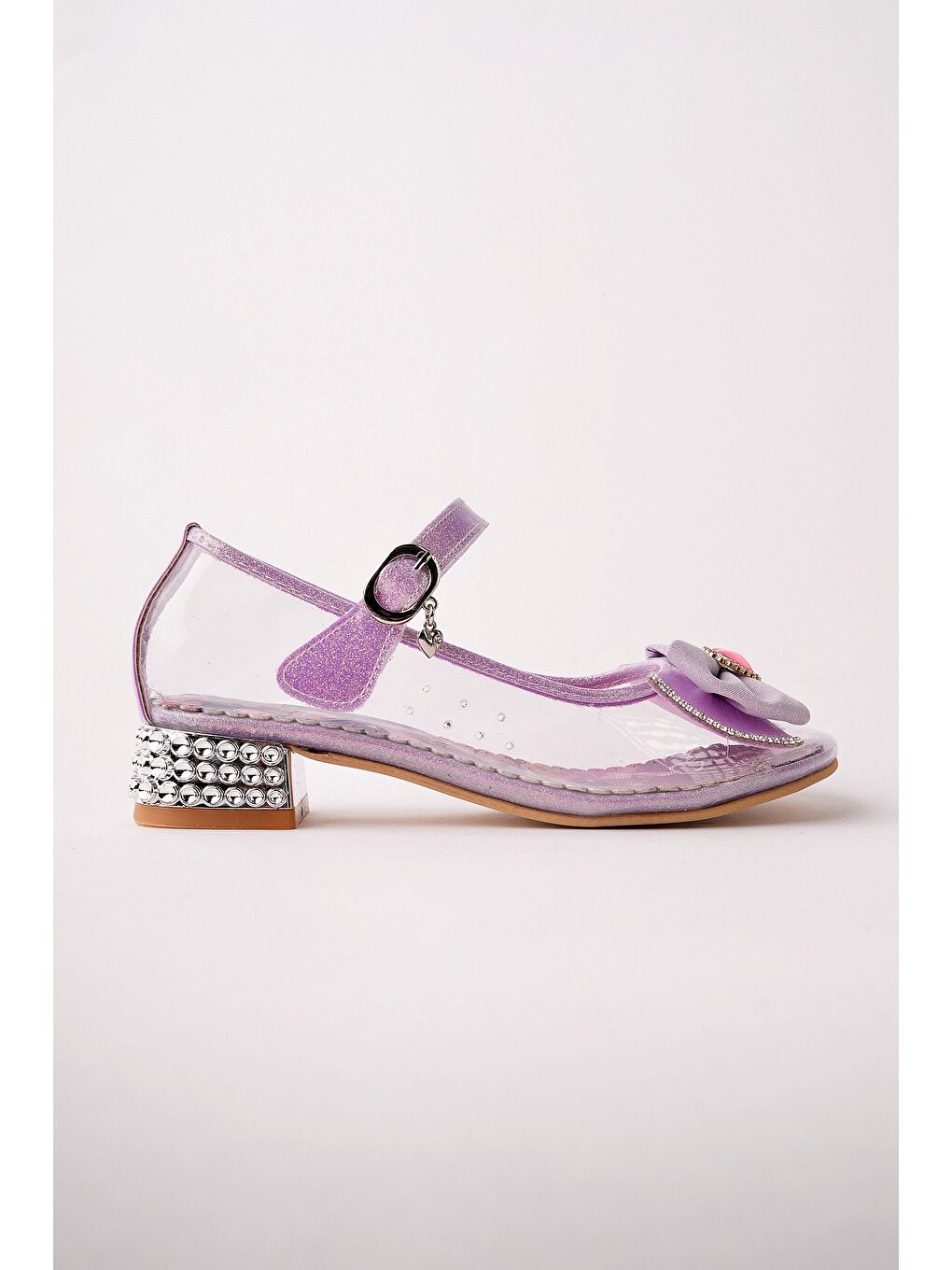 Lila PONYTA Şeffaf Simli Fiyonk Detaylı Bantlı Kız Çocuk Topuklu Abiye Ayakkabı-4