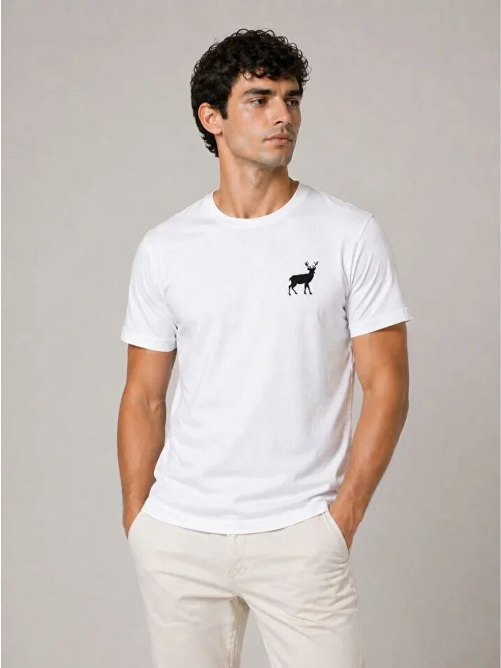 Erkek Minimal Geyik Logolu Tişört Bisiklet Yaka Kısa Kol Yazlık T-Shirt - Beyaz-2
