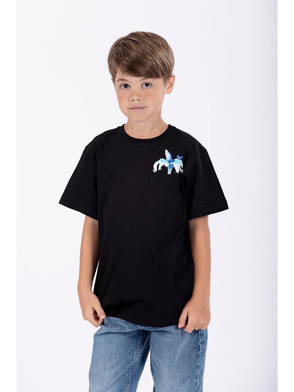 Siyah Bisiklet Yaka Balina Baskılı Erkek Çocuk Tişört