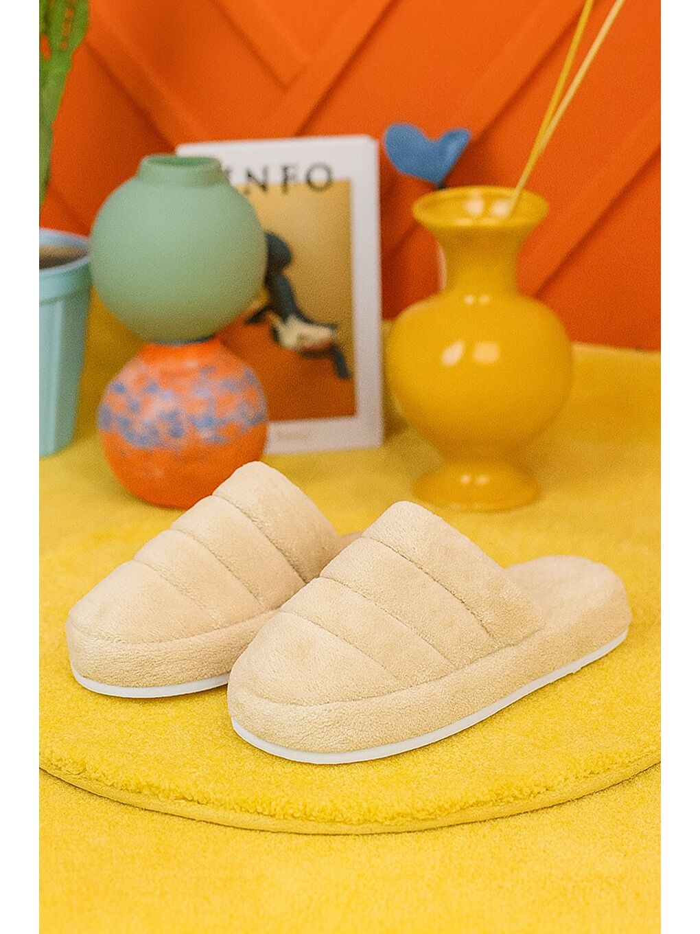 Bej SMT-03 Kapalı Kadın Ev Terliği Kışlık Terlik Ses Yapmayan Taban-6
