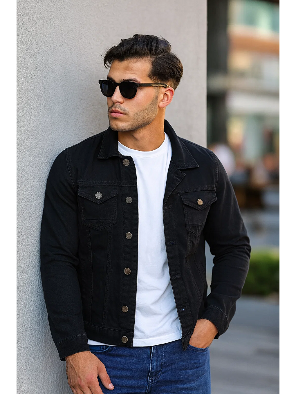 Siyah Erkek A Kalite Slim Fit Denim Jean Ceket-3