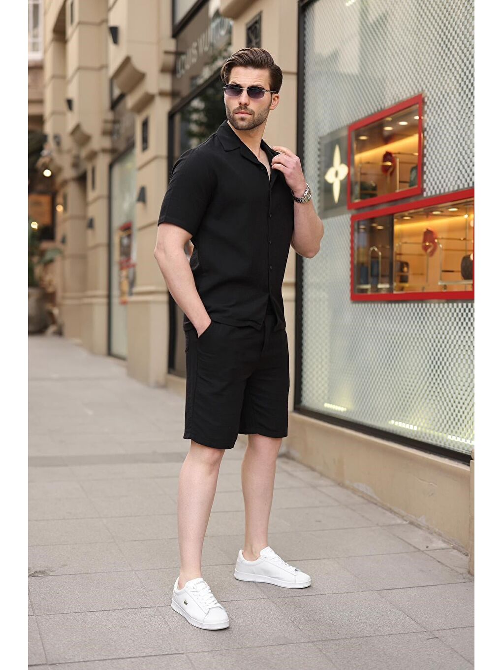 Siyah %100 Pamuklu Erkek Şort Gömlek Takım E7361-5