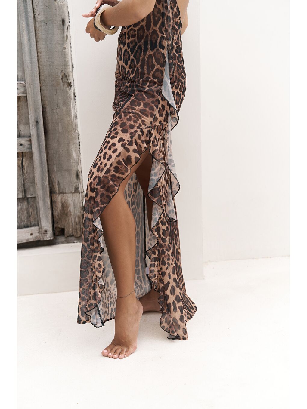 Bej Magi Fırfır Detay Leopar Uzun Elbise-7