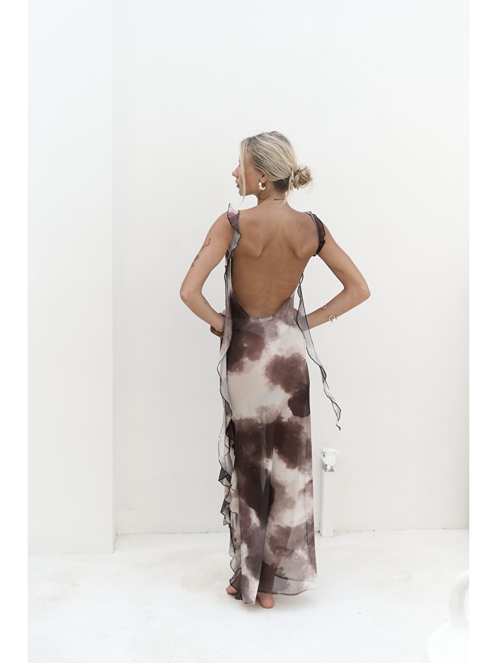 Kahverengi Magi Fırfır Detay Kahve Uzun Elbise-3