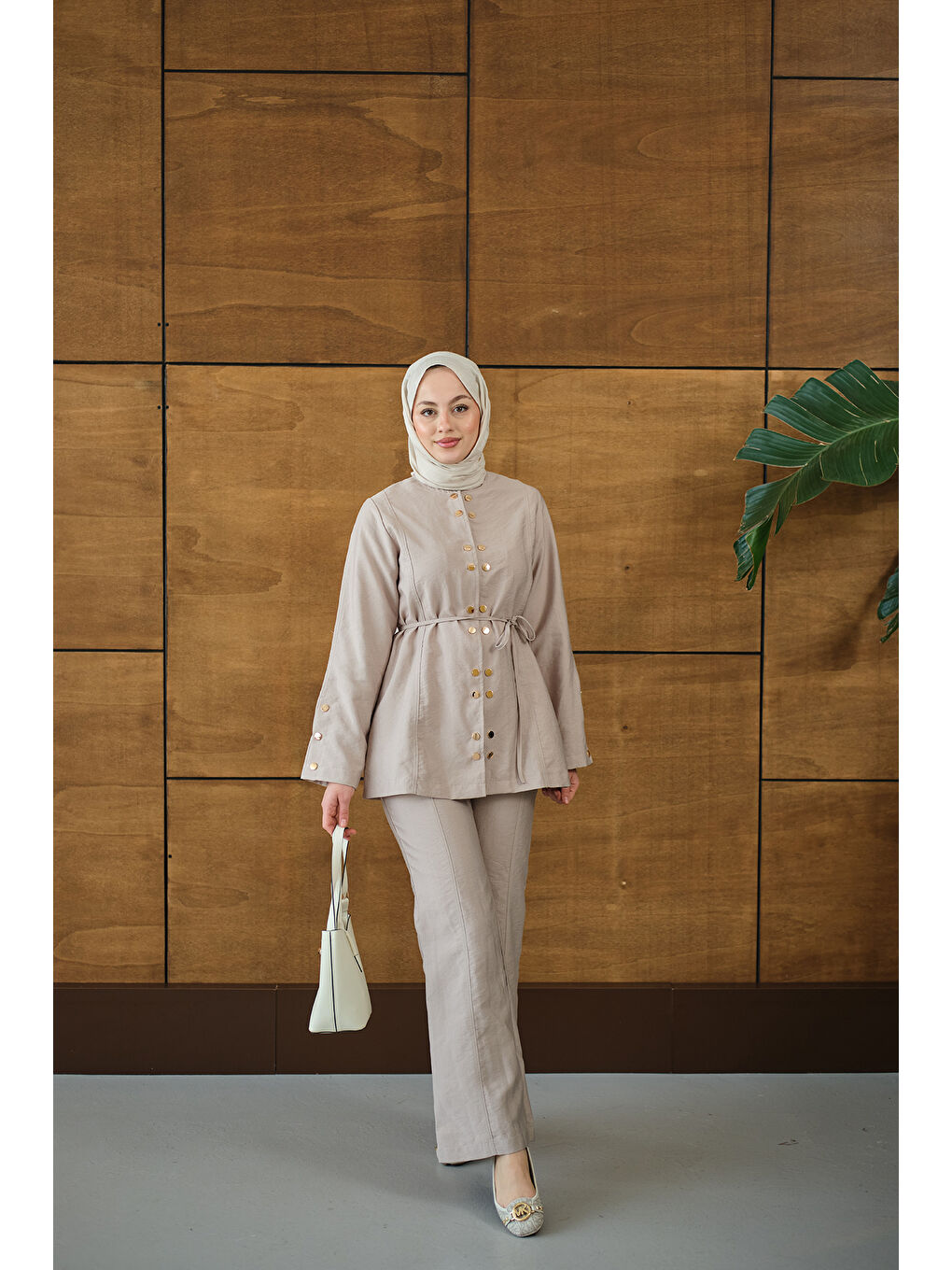 Ekru Kadın Gold Çıt Çıt Detay Takım Krem-4