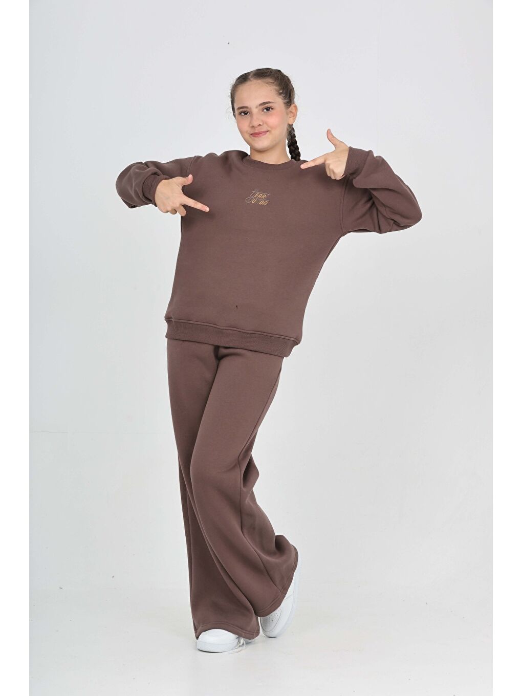 Kahverengi Kız Çocuk Tonsürton Nakışlı Eşofman Takım-2