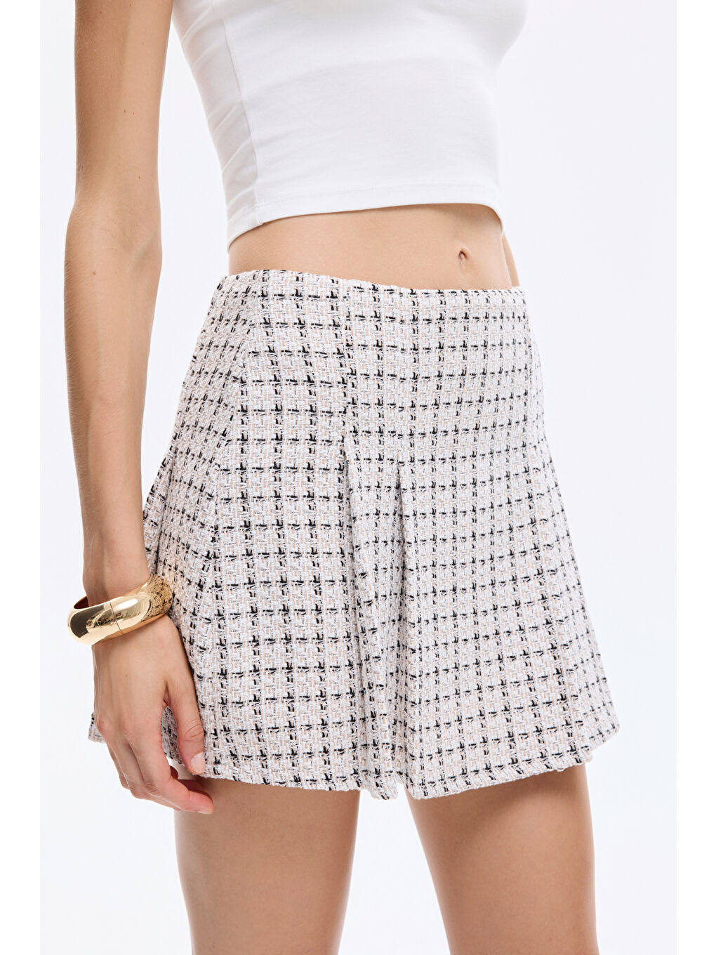 Ekoseli Pile Detaylı Tüvit Mini Etek Bej-2