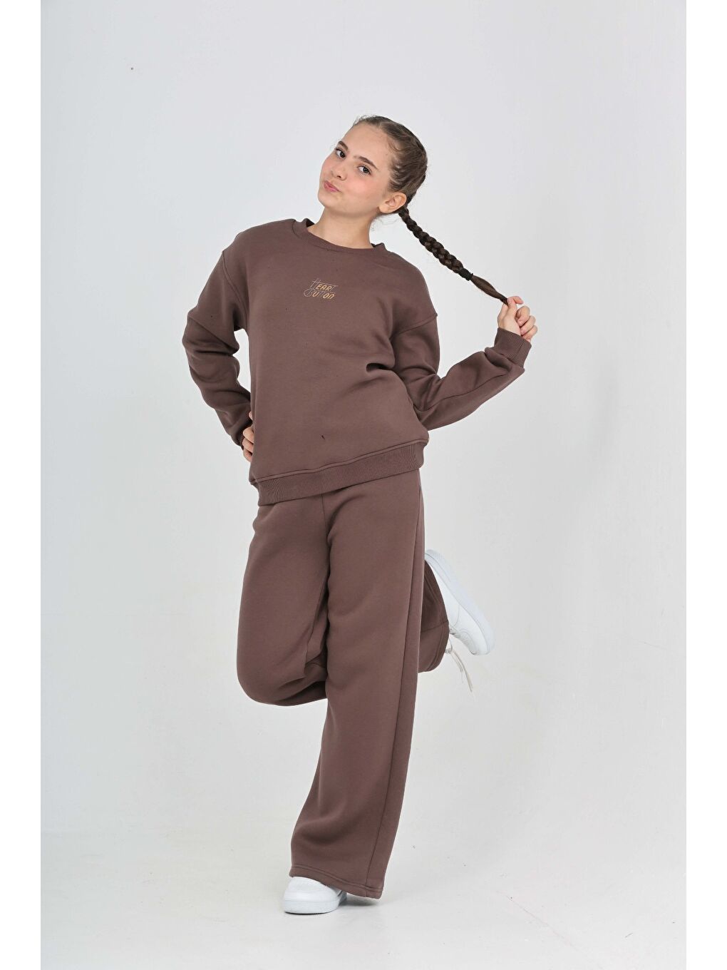 Kahverengi Kız Çocuk Tonsürton Nakışlı Eşofman Takım-3