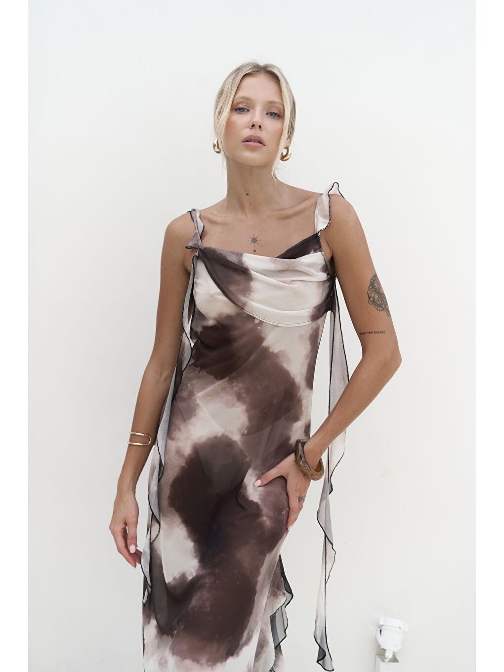 Kahverengi Magi Fırfır Detay Kahve Uzun Elbise-5