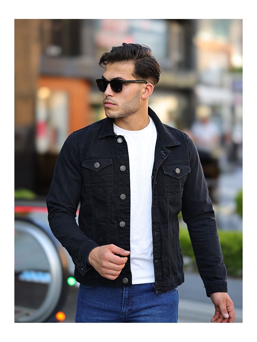 Siyah Erkek A Kalite Slim Fit Denim Jean Ceket-5