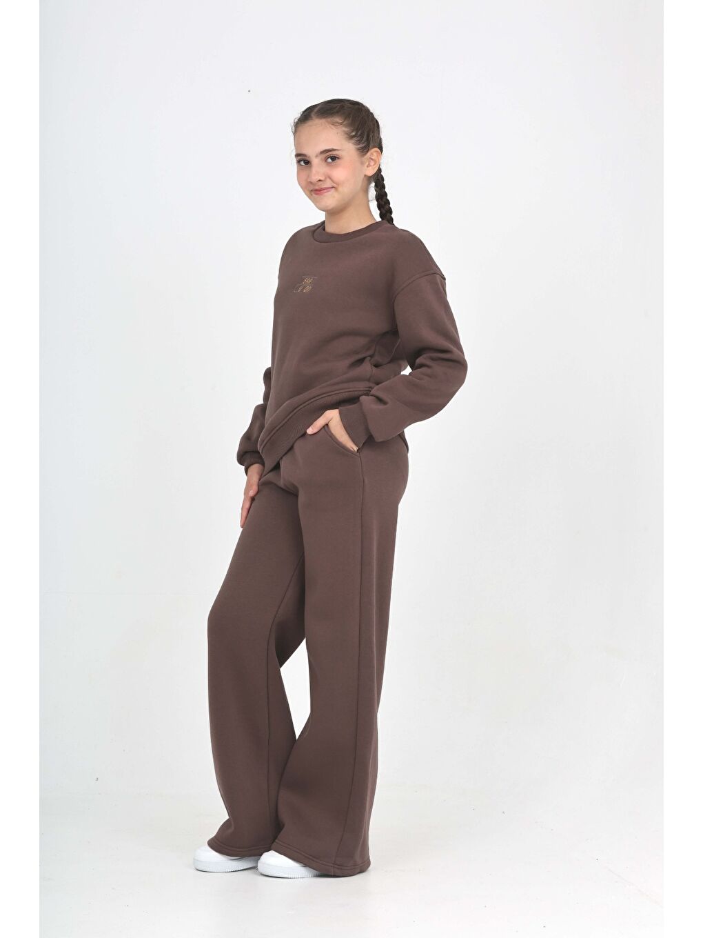 Kahverengi Kız Çocuk Tonsürton Nakışlı Eşofman Takım-4