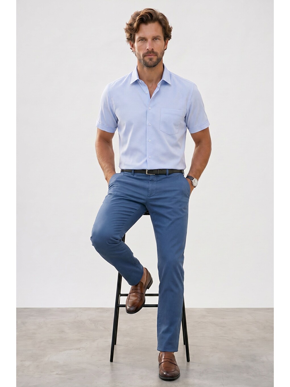 Erkek Regular Fit Klasik Kesim Pamuklu Kısa Kollu Armürlü Mavi Gömlek-6