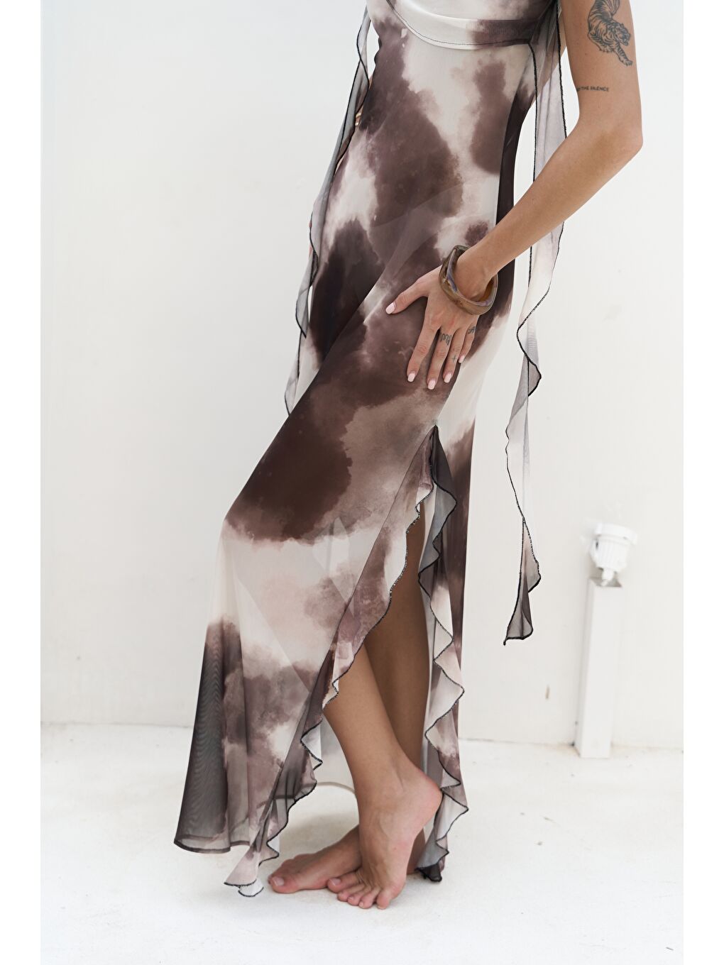 Kahverengi Magi Fırfır Detay Kahve Uzun Elbise-6