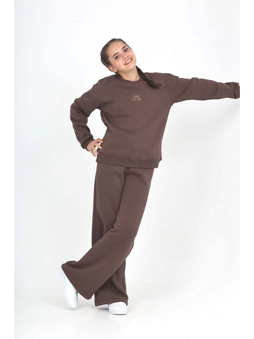 Kahverengi Kız Çocuk Tonsürton Nakışlı Eşofman Takım-5