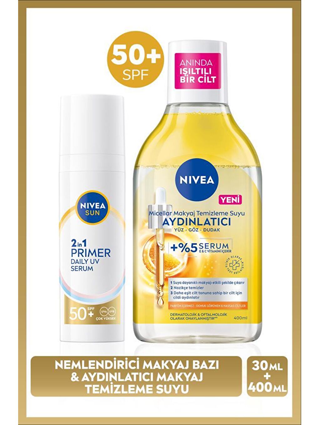 SUN SPF50 Güneş Koruyucu Primer Nemlendirici Makyaj Bazı 30ml ve Micellar Makyaj Temizleme Suyu400ml