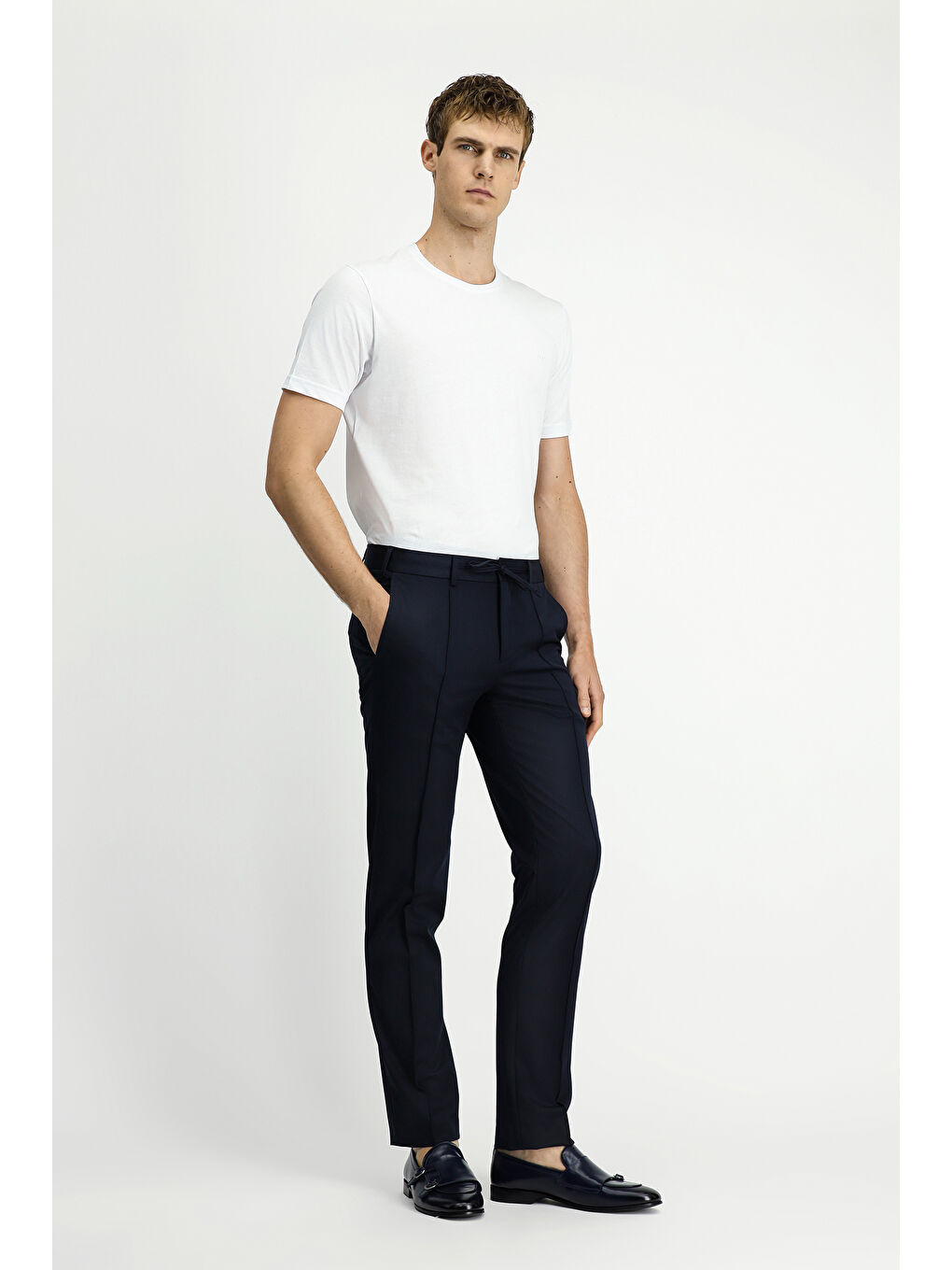 Lacivert Slim Fit Dar Kesim Nervürlü Beli İpli Klasik Kumaş Pantolon-2