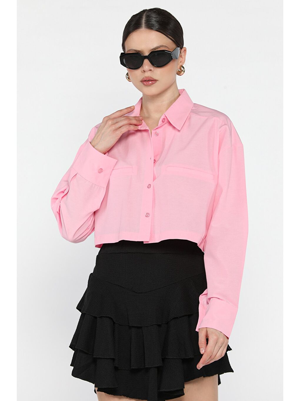 Pembe Kadın Basic Crop Top Gömlek