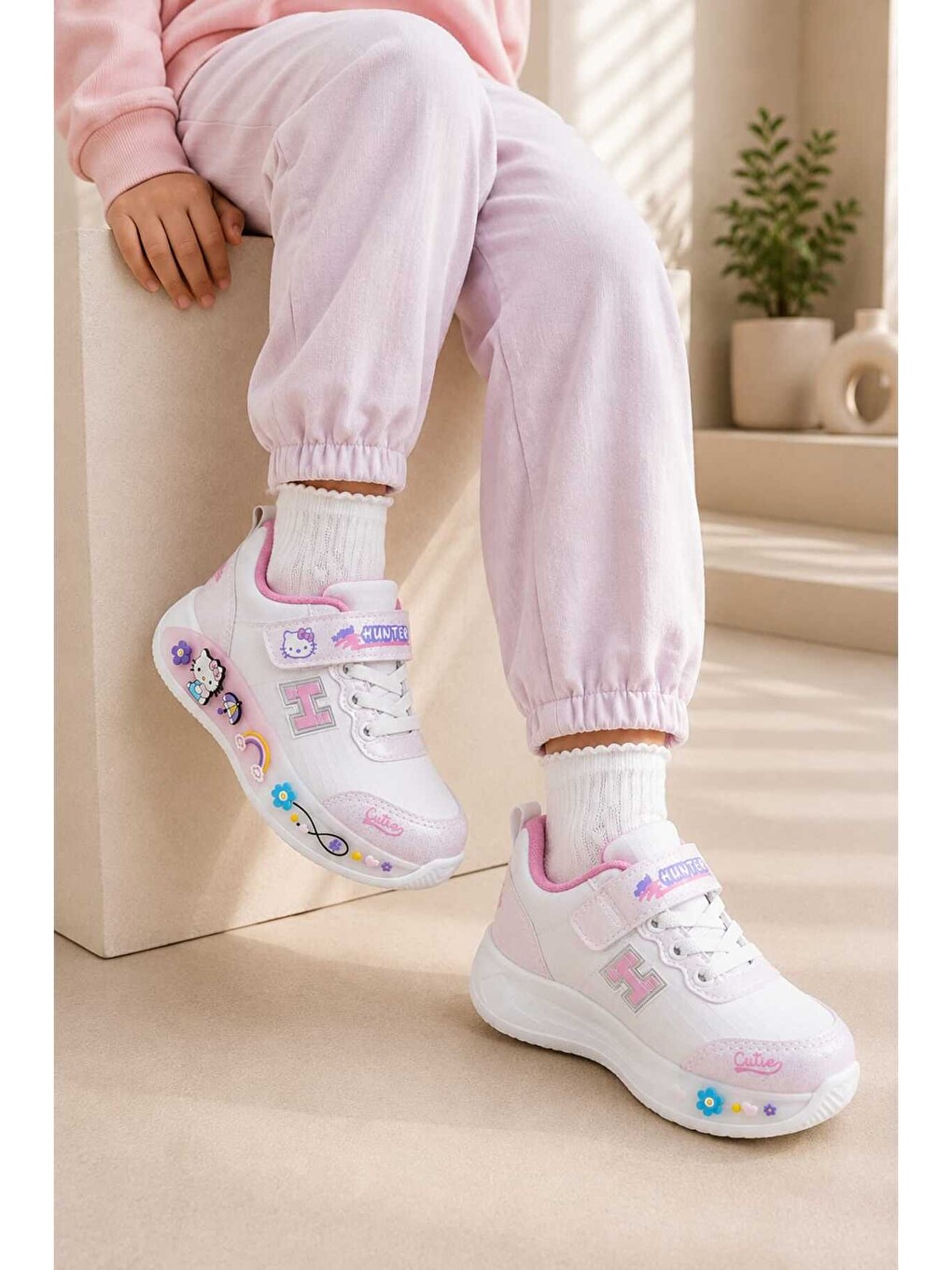 Beyaz Çocuk, Günlük Spor Ayakkabı, Cırt Cırtlı, Sticker Baskılı, Hafif Kaymaz Taban Rahat Sneaker-1