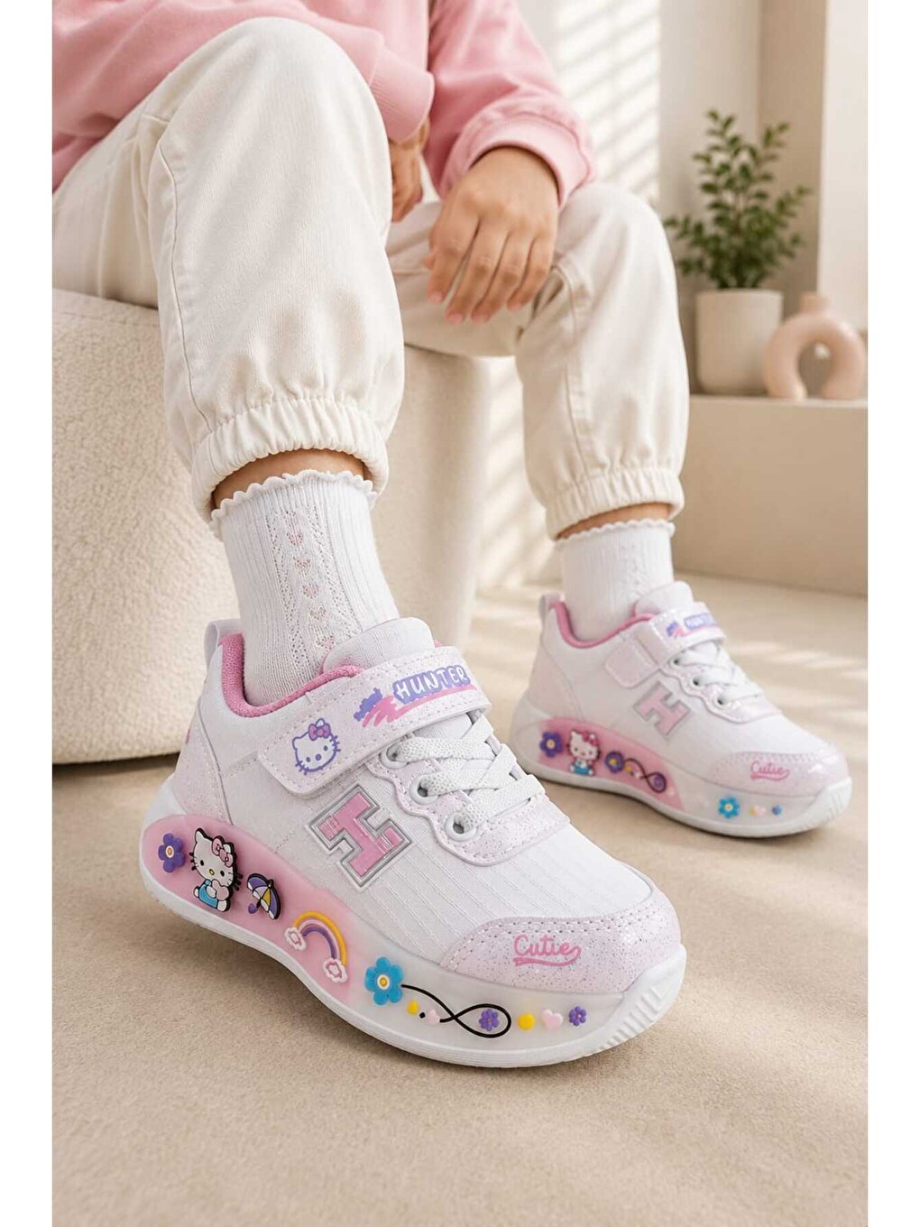 Beyaz Çocuk, Günlük Spor Ayakkabı, Cırt Cırtlı, Sticker Baskılı, Hafif Kaymaz Taban Rahat Sneaker-2