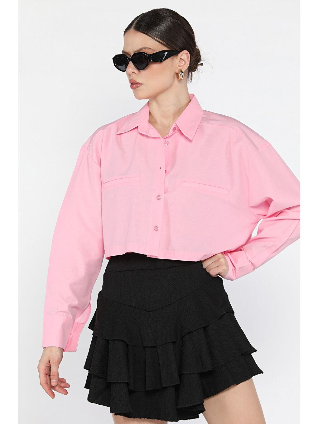 Pembe Kadın Basic Crop Top Gömlek-1