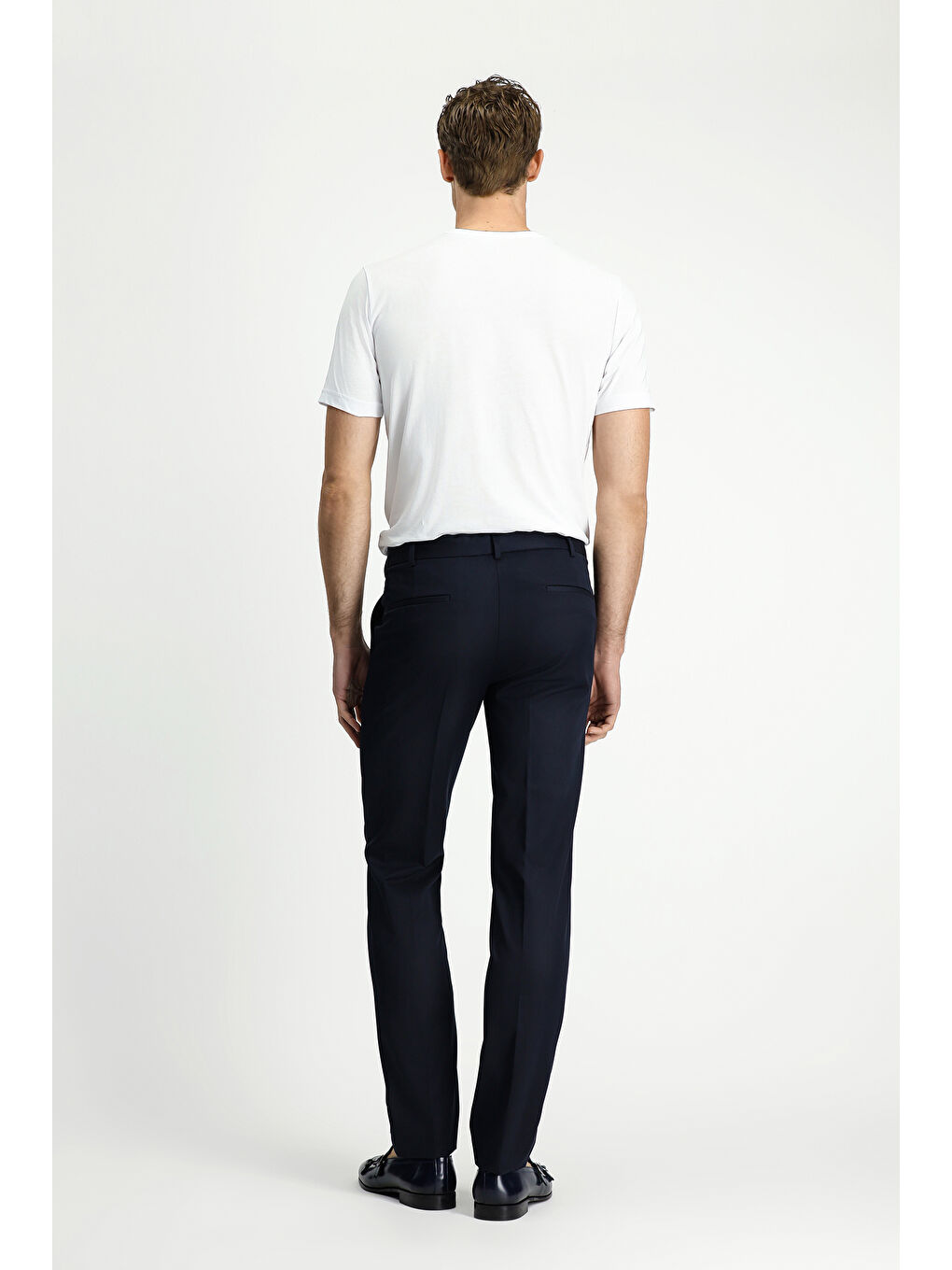 Lacivert Slim Fit Dar Kesim Nervürlü Beli İpli Klasik Kumaş Pantolon-3