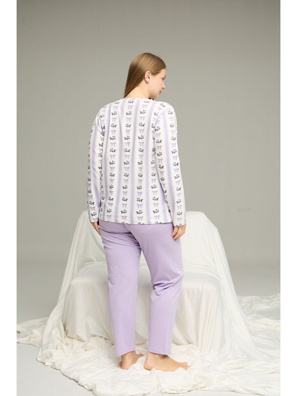 Lila Desenli Curve Büyük Beden Battal Boy Pamuklu Pijama Takım25240856-2