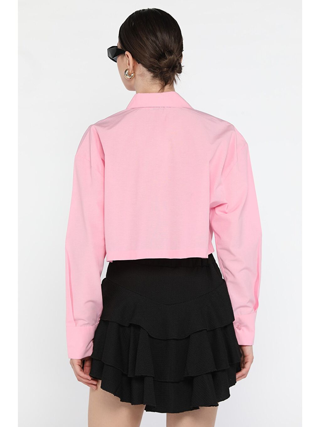Pembe Kadın Basic Crop Top Gömlek-2