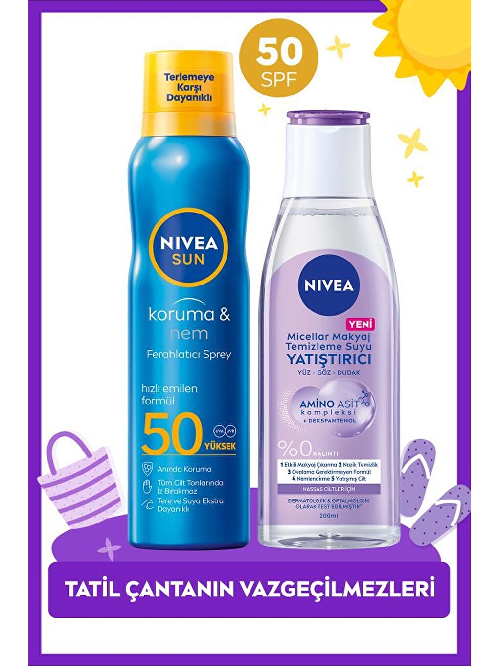 Tatil Çantanın Vazgeçilmezleri Seti,spf50 Güneş Koruyucu Ferahlatıcı Sprey Ve Makyaj Temizleme Suyu