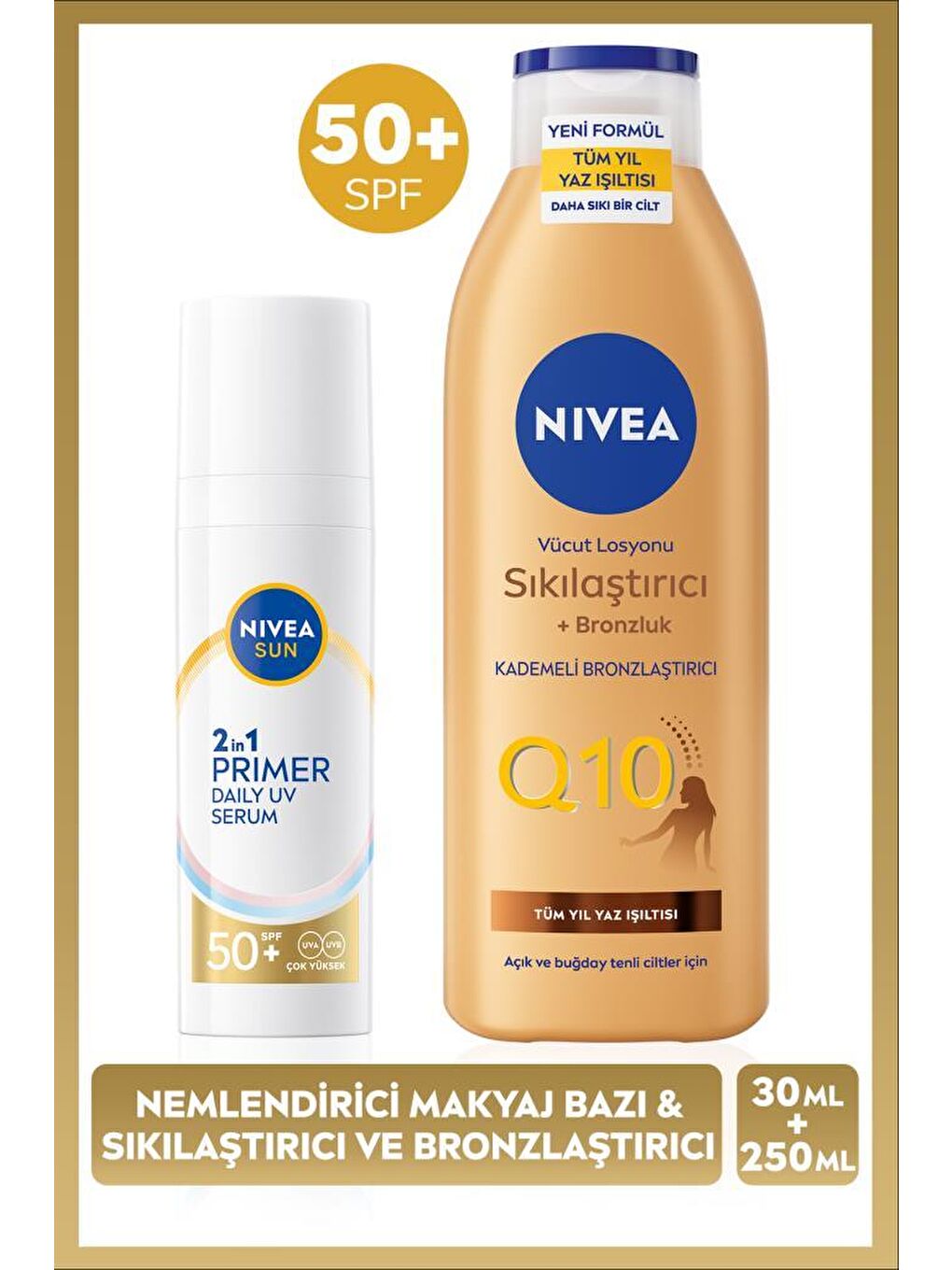 SUN SPF50 Güneş Koruyucu Nemlendirici Makyaj Bazı 30ml ve Sıkılaştırıcı Bronzluk Vücut Losyonu 250ml