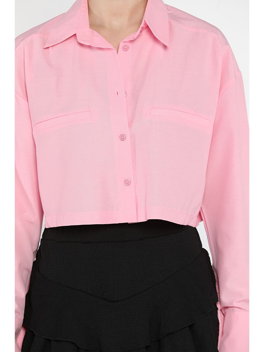 Pembe Kadın Basic Crop Top Gömlek-3