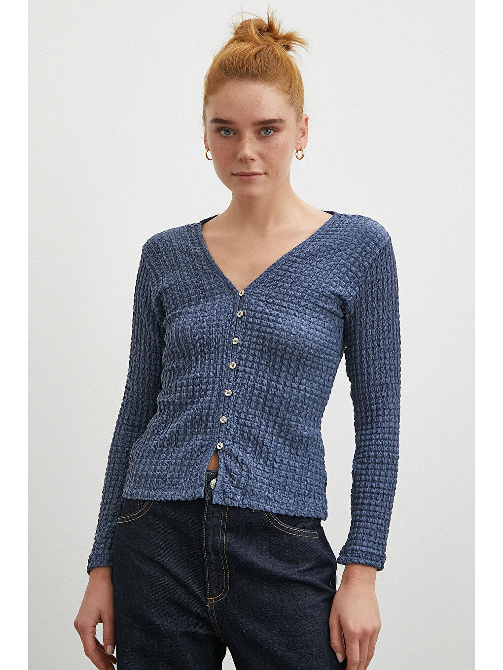 V Yaka Düğmeli Kazak Lacivert-4