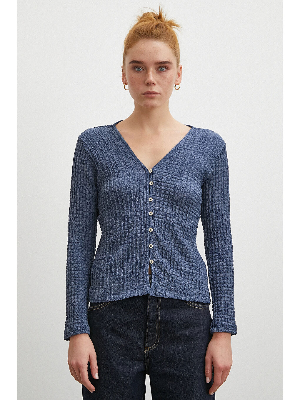 V Yaka Düğmeli Kazak Lacivert-5